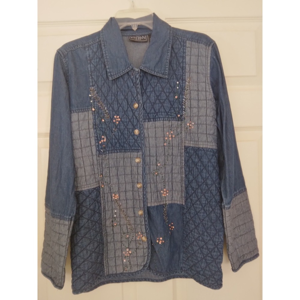 Vtg Vision quilted patchwork denim jacket floral embroidery shacket boho inspire